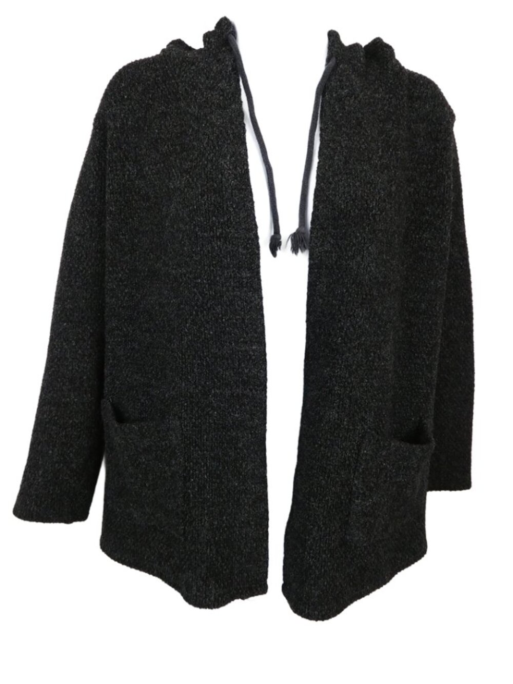 Lucky Brand Sweater Womens Medium Gray Black Open Front Hooded Cardigan Pockets